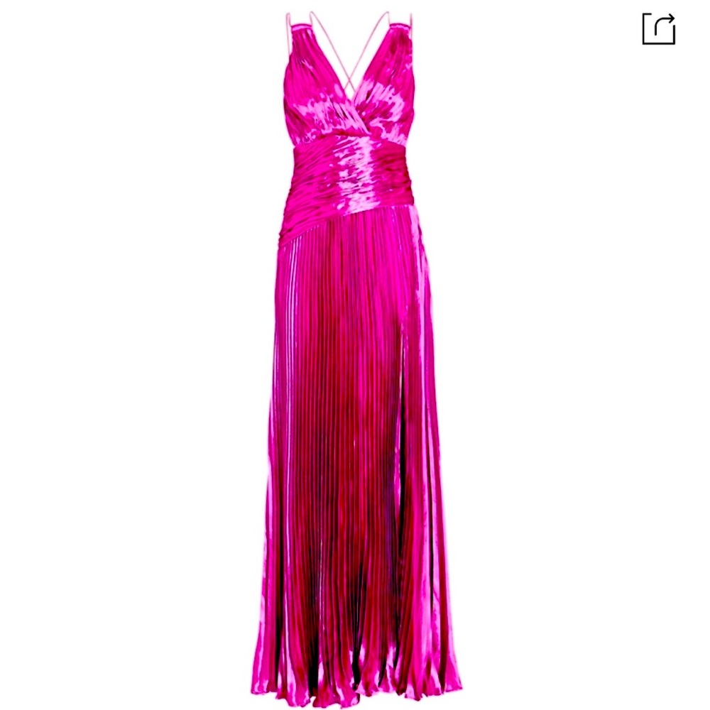 Vera Pleated Plunging Metallic Slit Maxi Dress In Hot Pink Magenta Like New!